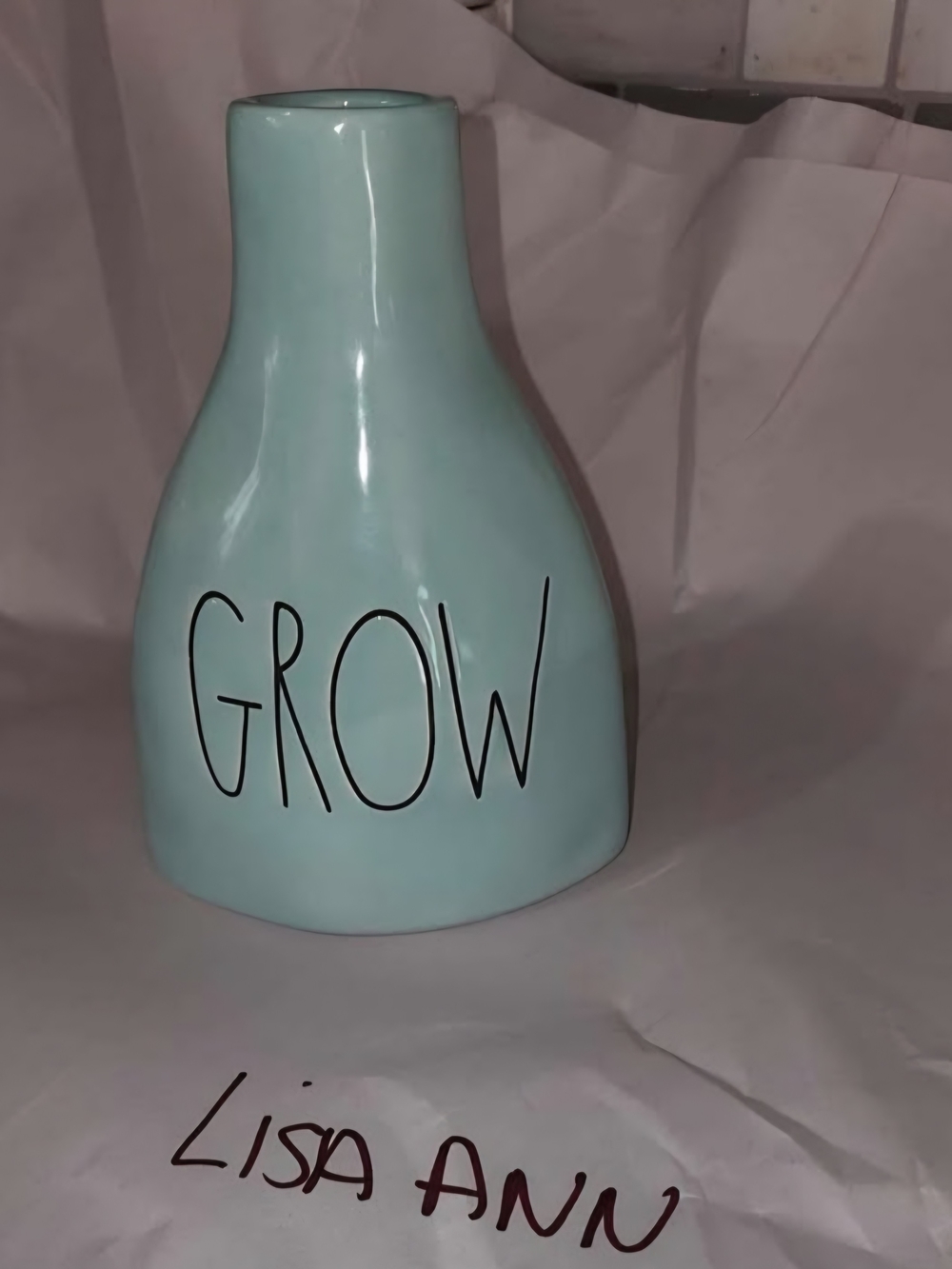 Rae Dunn Aqua Ceramic Vase with GROW Lettering